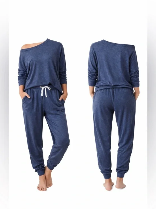 Leo Rosi Blue Lounge Set Small NWT Off Shoulder Jogger Set Pockets - Picture 3 of 3